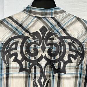 Helix XL Men's Long Sleeve Button Down Shirt Y2K Grunge Goth Embroidered Plaid